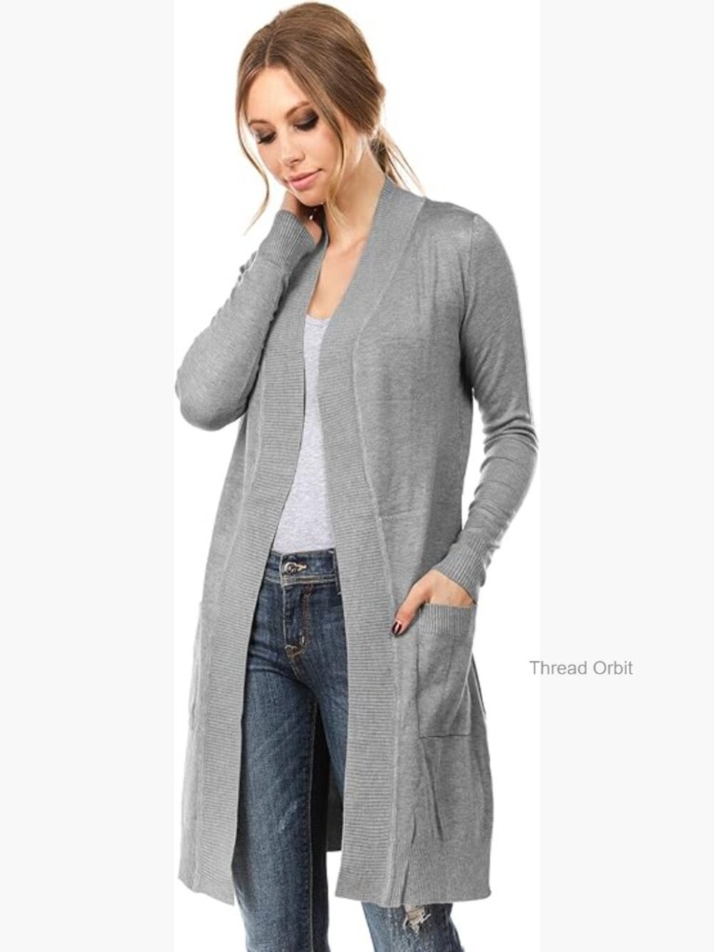 Long Sleeve Cardigan Sweater Duster with Pockets, Rib Hem